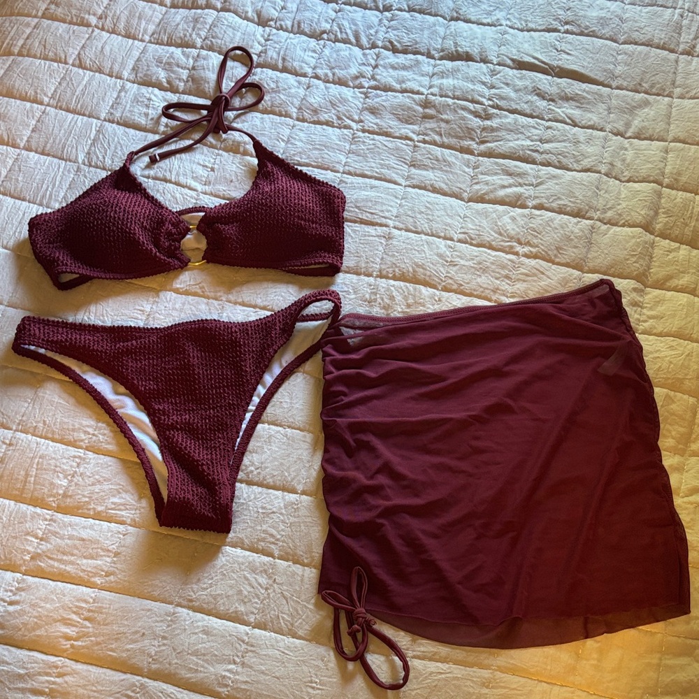 Maroon Bikini Set with Skirt
